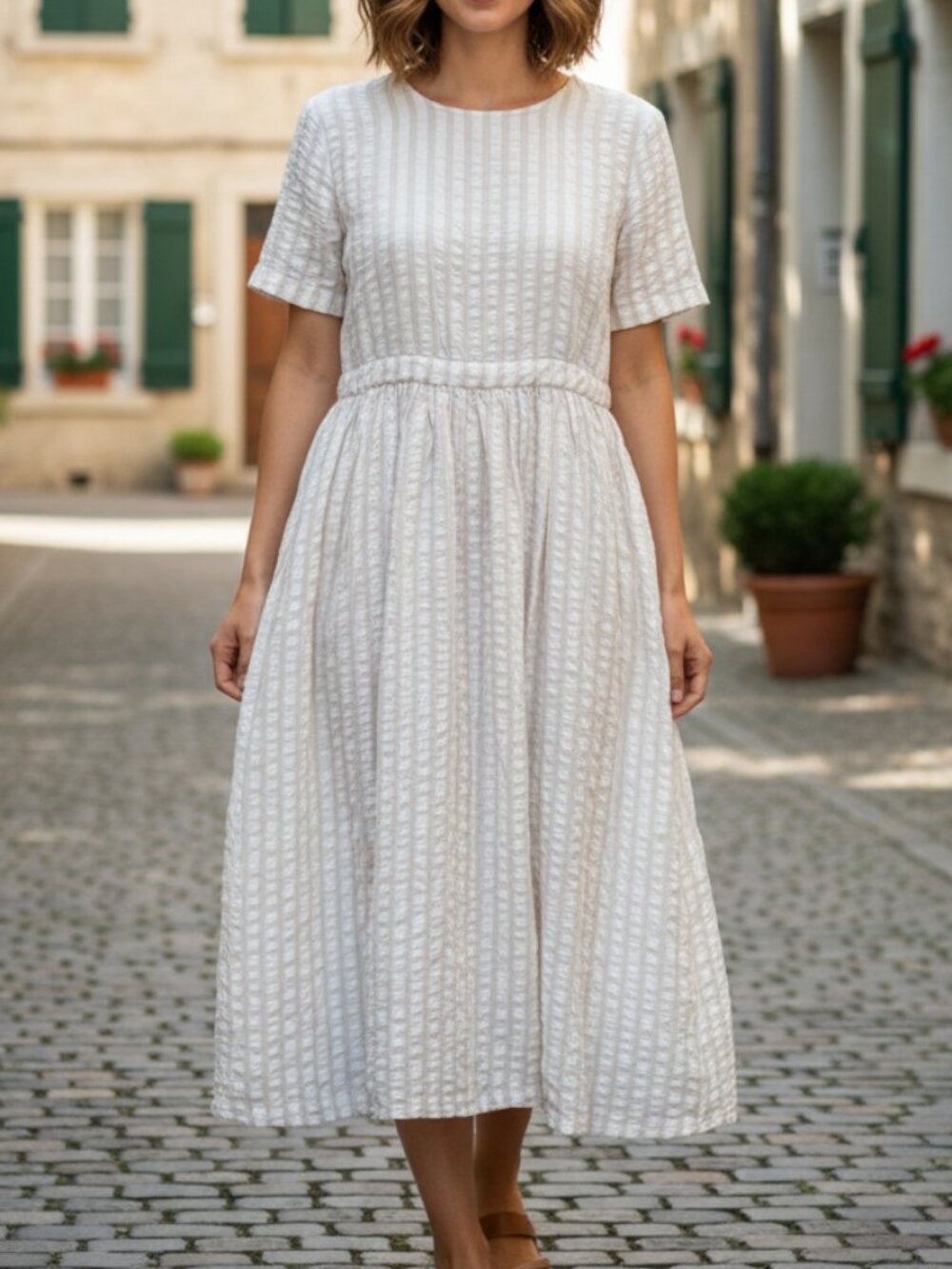 Olive Clothing Textured White Short-Sleeve Prairie Midi Linen Dress Size S